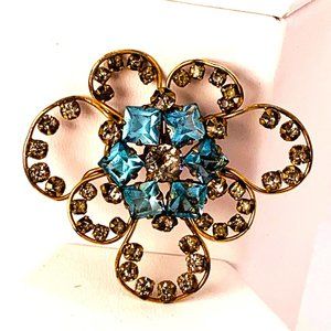 Vintage M&S Brooch 1/20-12K G.F. Gold Tone Blue Clear Rhinestones Art Deco Signe